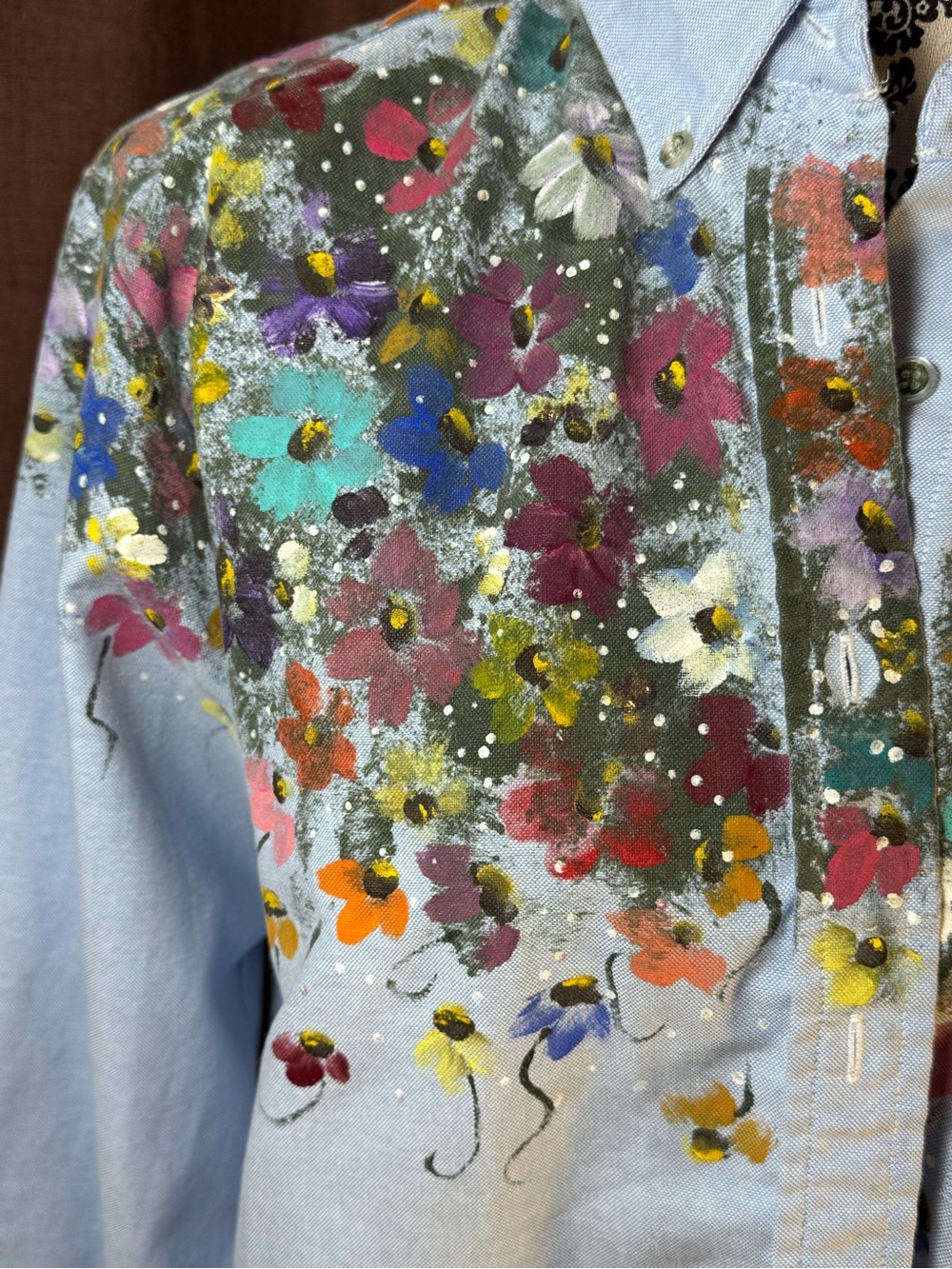 Vintage Hand Painted Floral Button-Up Light Blue Shirt size 12 (Large) - Picture 3 of 8